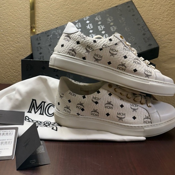 MCM White Leather Sneakers with Logo Pattern - Picture 3 of 13